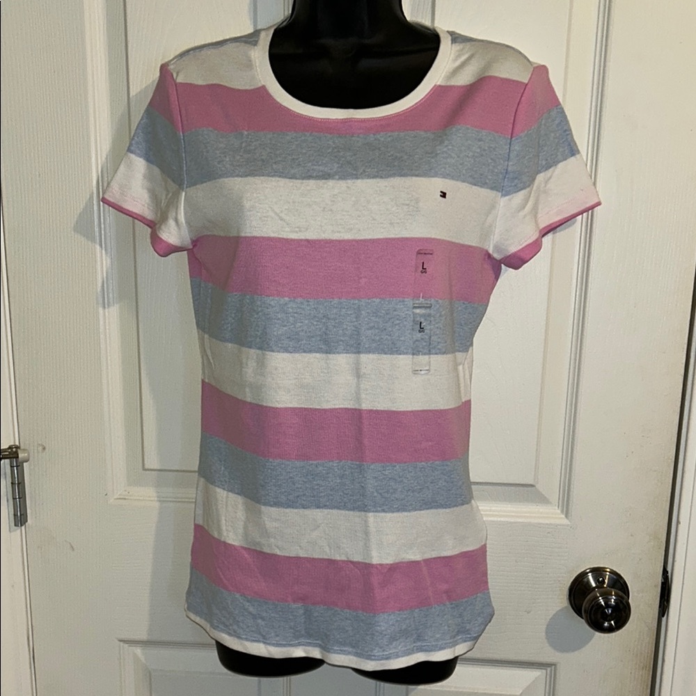 Tommy Hilfiger Pink and Gray Fitted Short Sleeve Tee